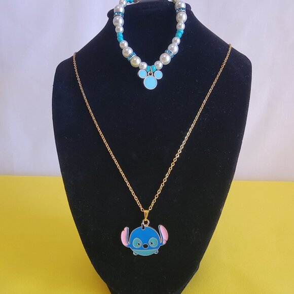 Stitch Charm Necklace & Bracelet Set Plus Free Tinkerbell Necklace Size M - Picture 1 of 13